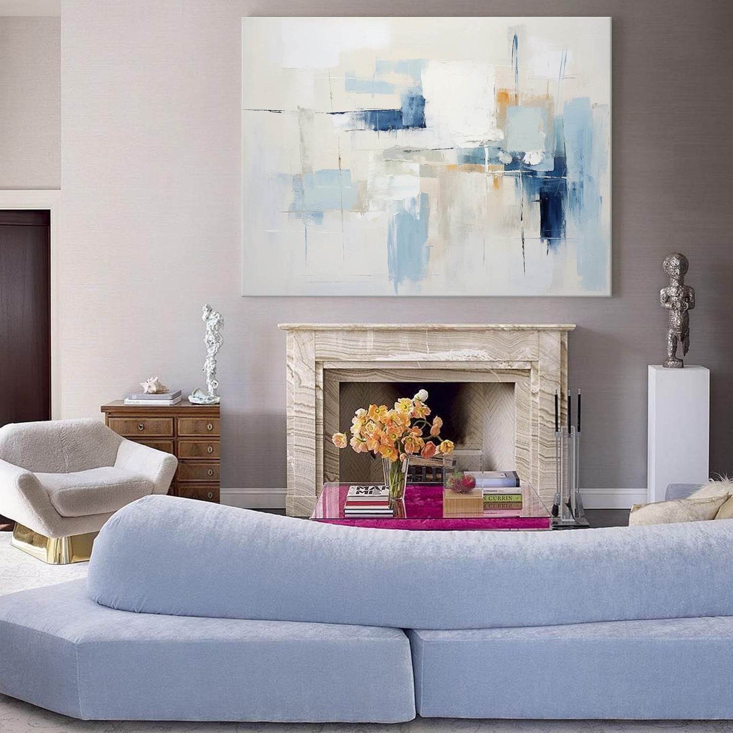 Serene Blue Abstract Oil Painting for Modern Home Decor and Art Collection