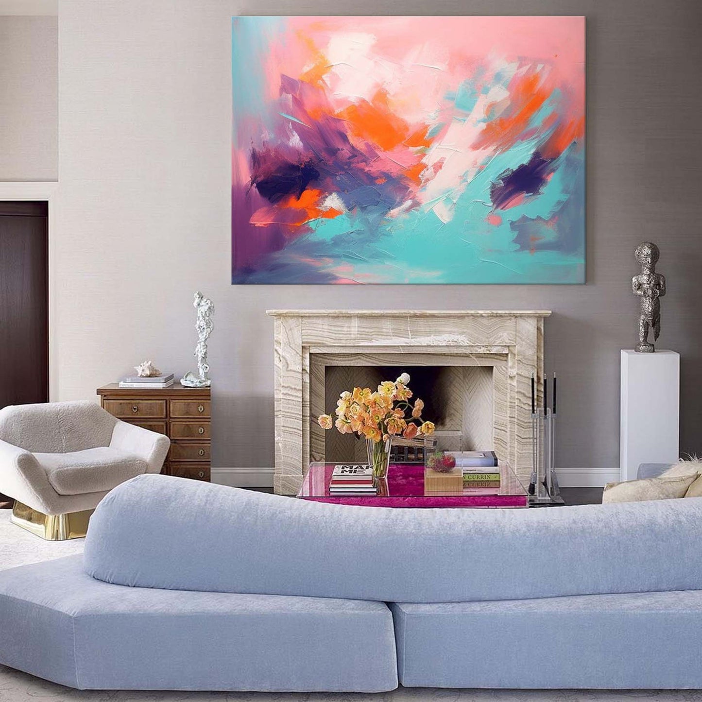 Vibrant Abstract Oil Painting in Pink and Teal for Modern Home Decor