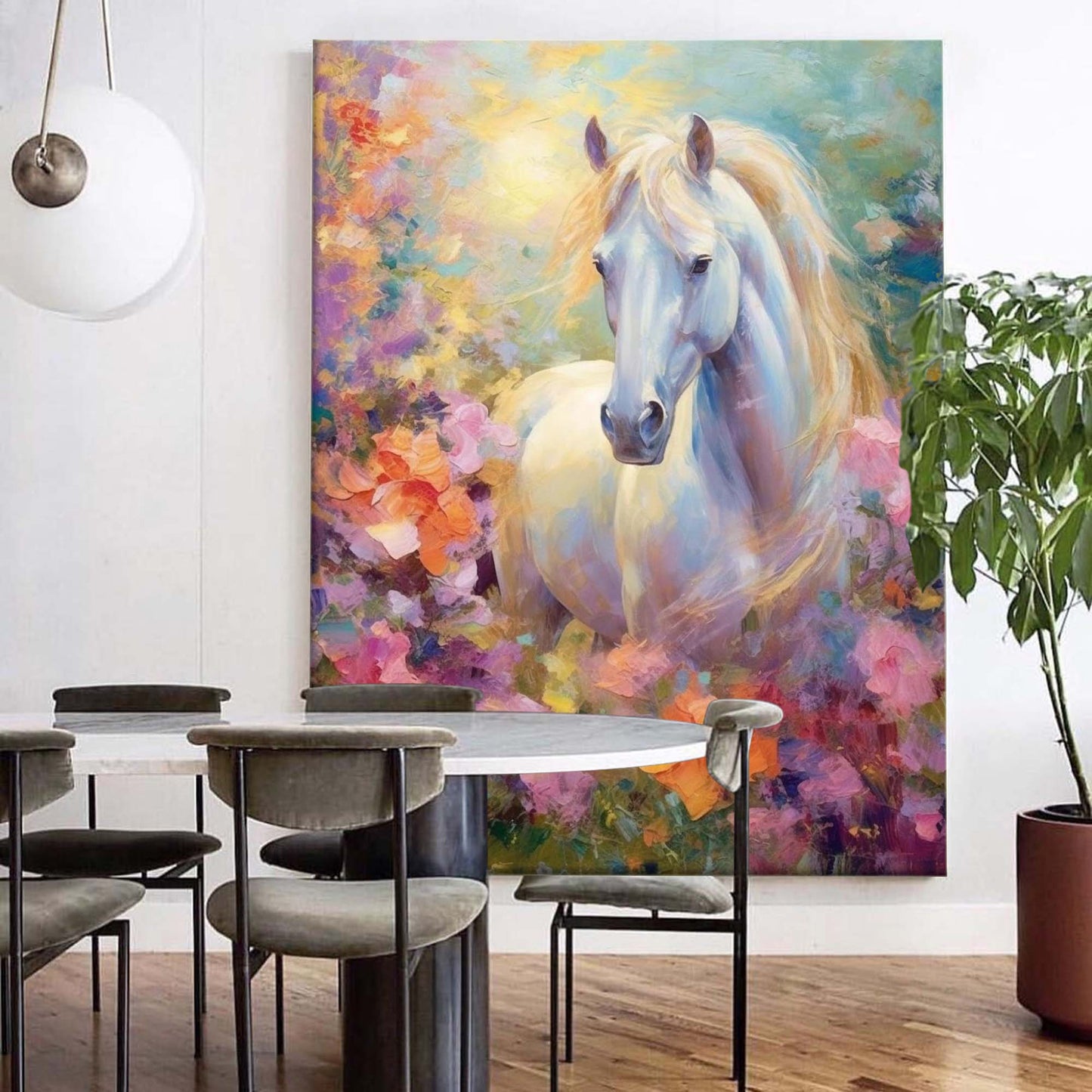 Majestic White Horse Oil Painting in Vibrant Floral Background