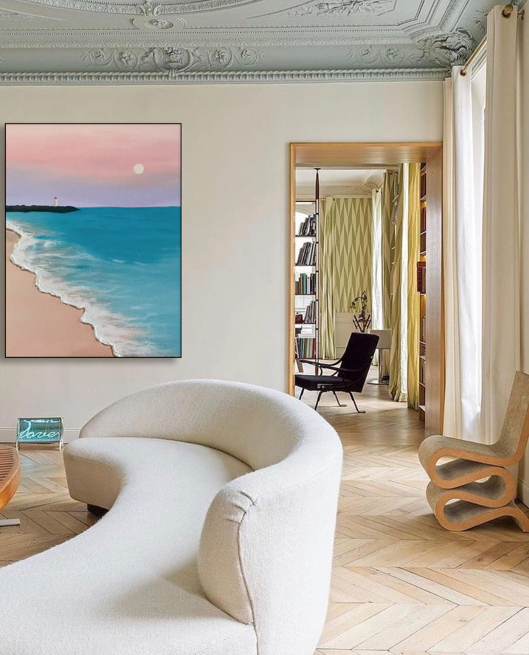 Serene Beach Sunset Oil Painting - Tranquil Ocean Waves and Lighthouse Art