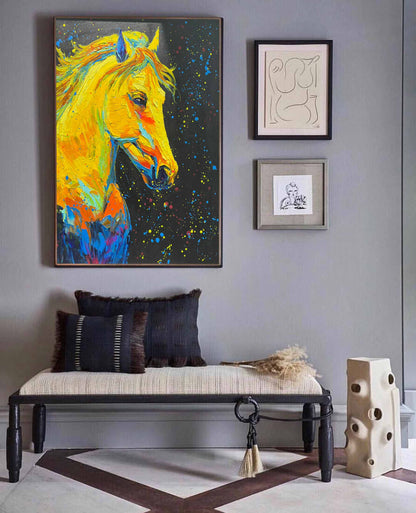 Vibrant Yellow Horse Oil Painting with Colorful Abstract Background