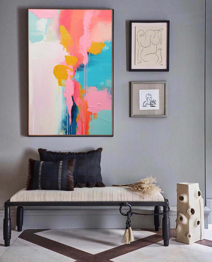 Vibrant Abstract Oil Painting in Pink, Blue, and Yellow for Modern Home Decor