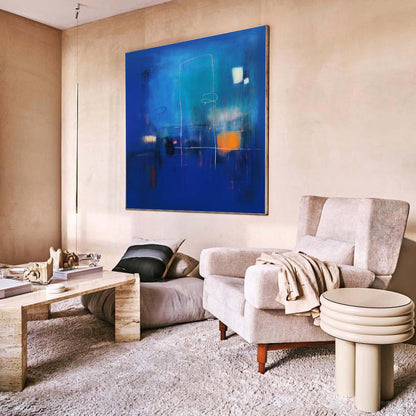 Vibrant Abstract Oil Painting in Blue and Orange for Modern Home Decor