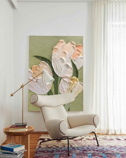 Elegant White Tulip Oil Painting on Green Canvas for Floral Home Decor