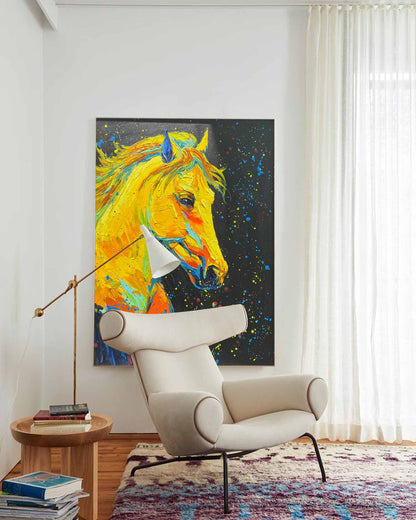 Vibrant Yellow Horse Oil Painting with Colorful Abstract Background