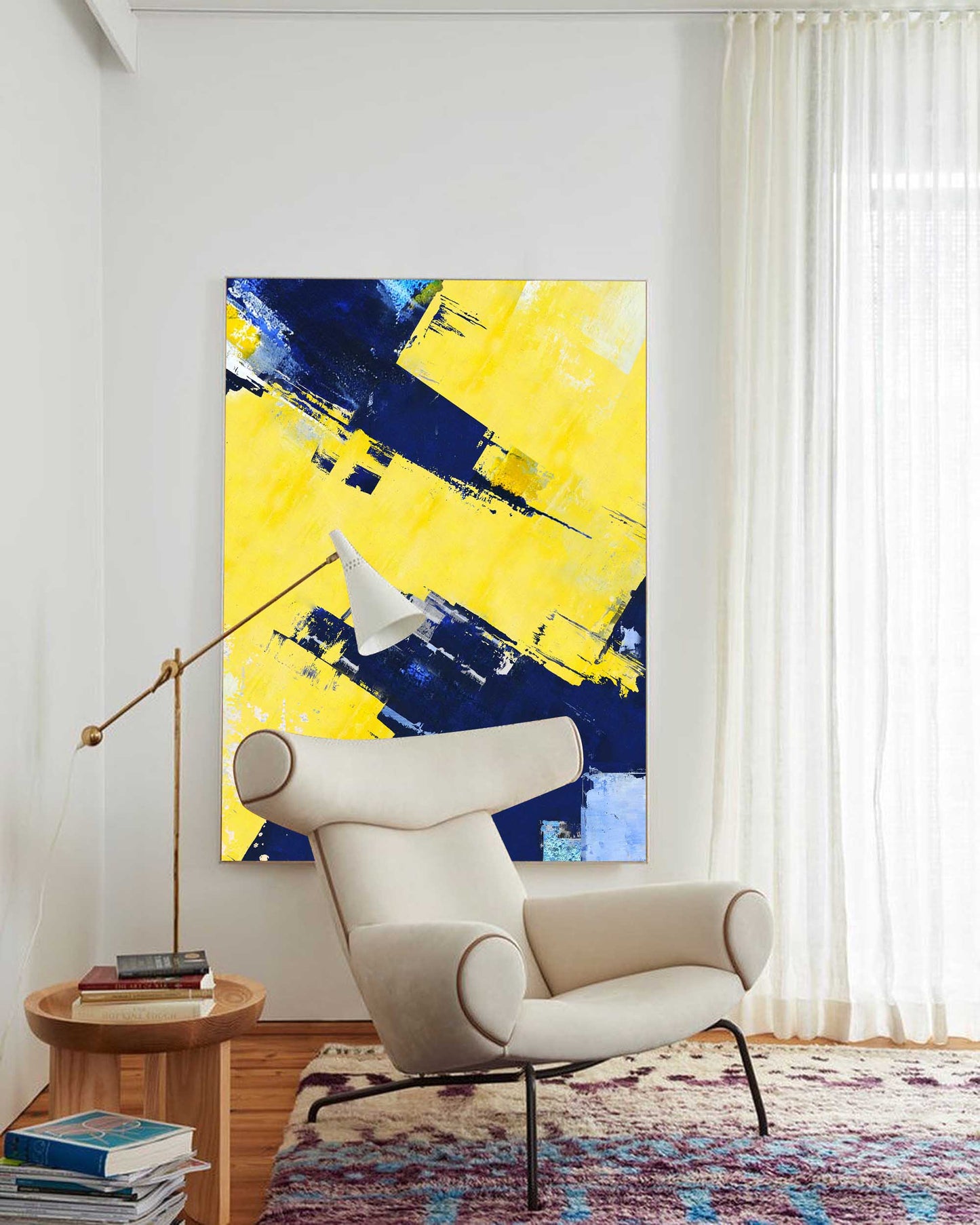 Vibrant Blue and Yellow Abstract Oil Painting for Modern Home Decor