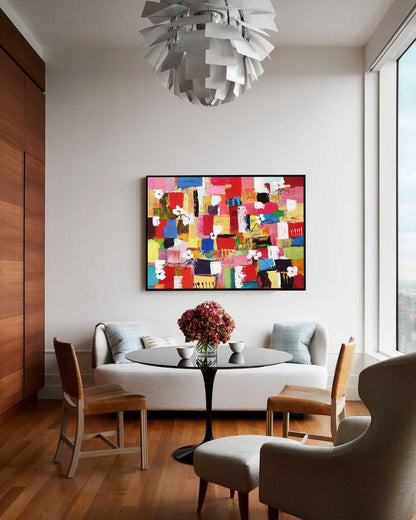 Colorful Abstract Oil Painting with Floral Elements for Modern Home Decor