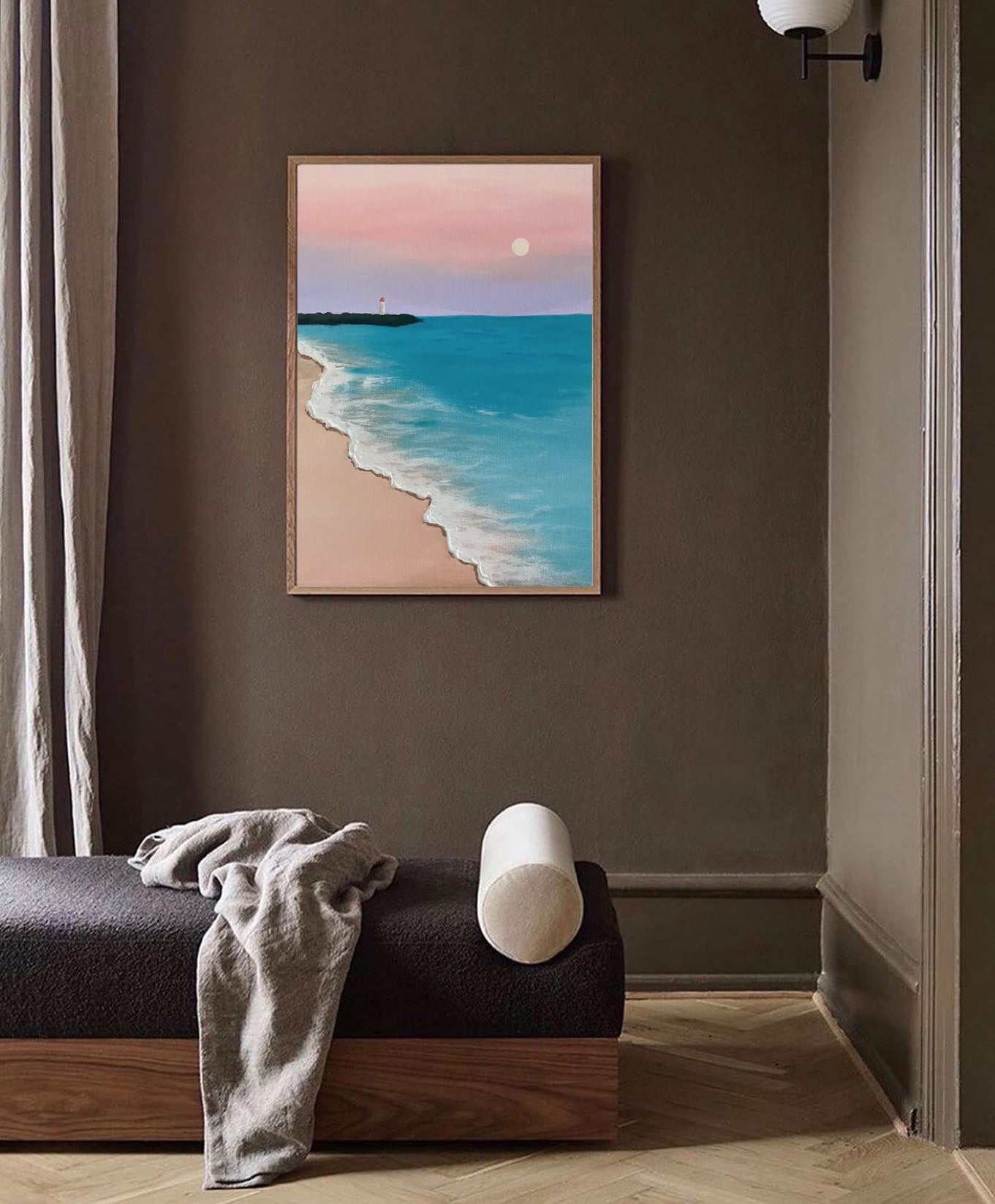 Serene Beach Sunset Oil Painting - Tranquil Ocean Waves and Lighthouse Art