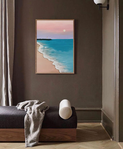Serene Beach Sunset Oil Painting - Tranquil Ocean Waves and Lighthouse Art