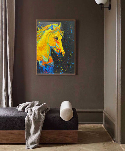 Vibrant Yellow Horse Oil Painting with Colorful Abstract Background