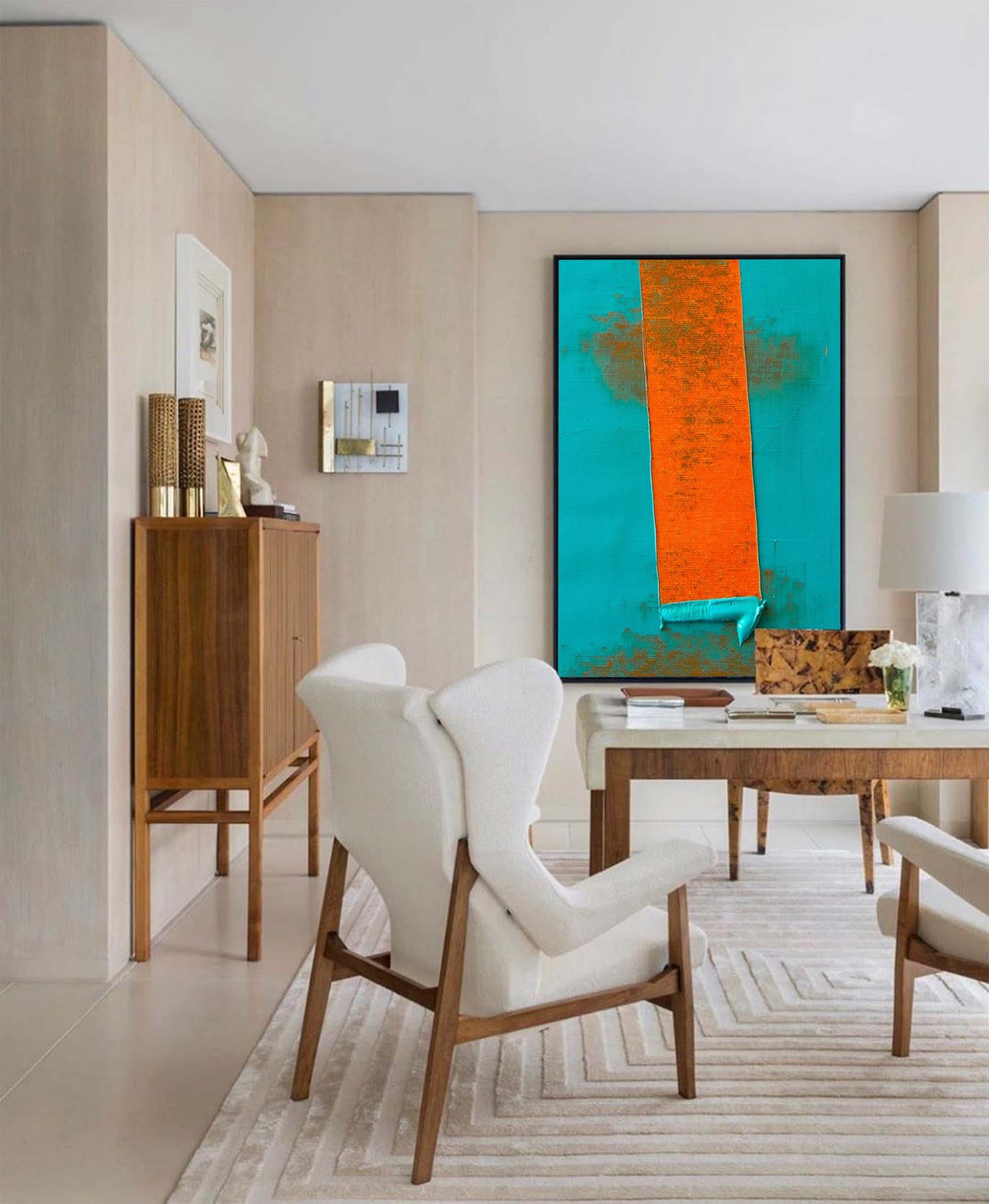 Vibrant Abstract Oil Painting with Bold Orange and Turquoise Palette