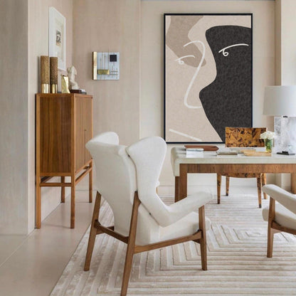 Contemporary Minimalist Beige and Black Abstract Oil Painting for Modern Decor