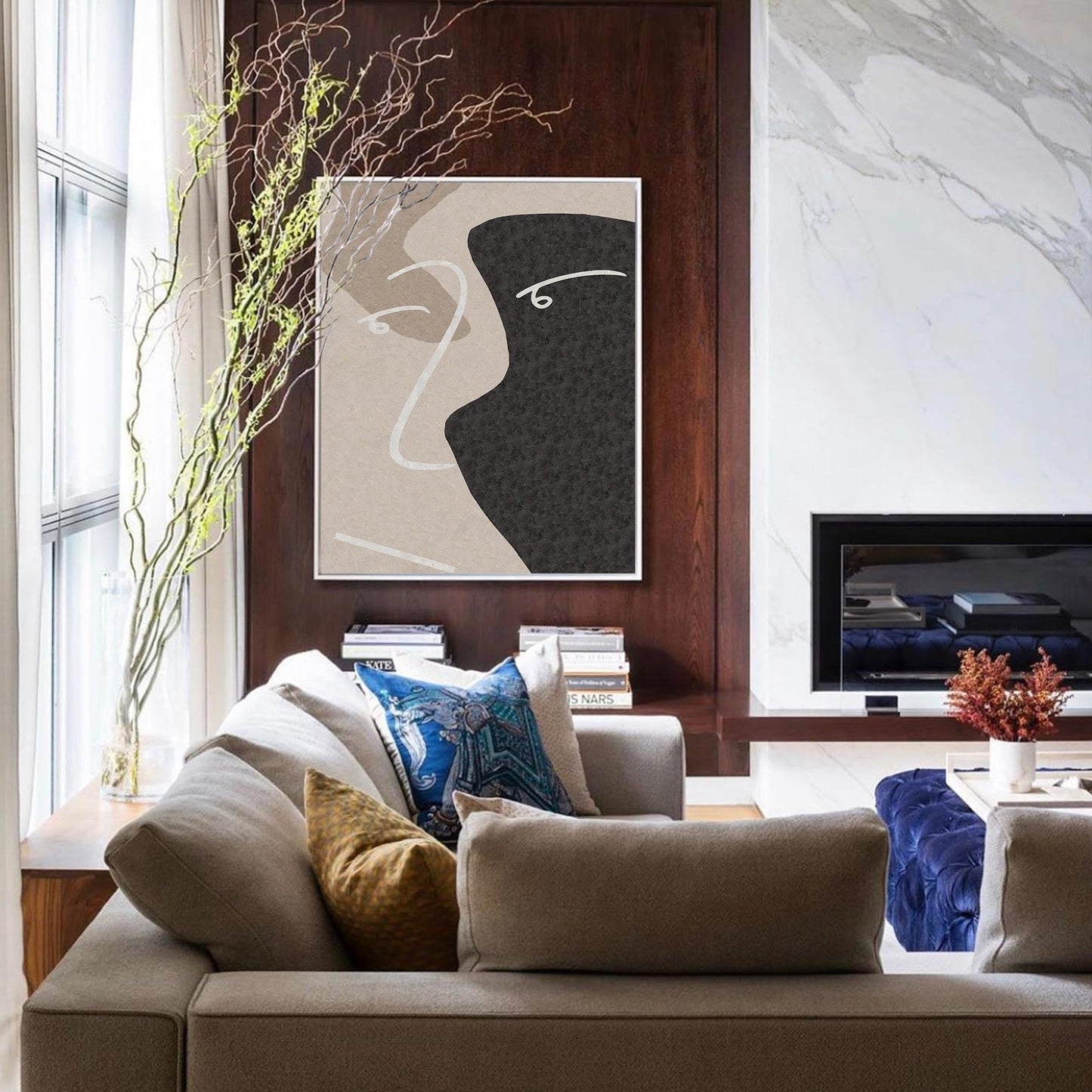 Contemporary Minimalist Beige and Black Abstract Oil Painting for Modern Decor