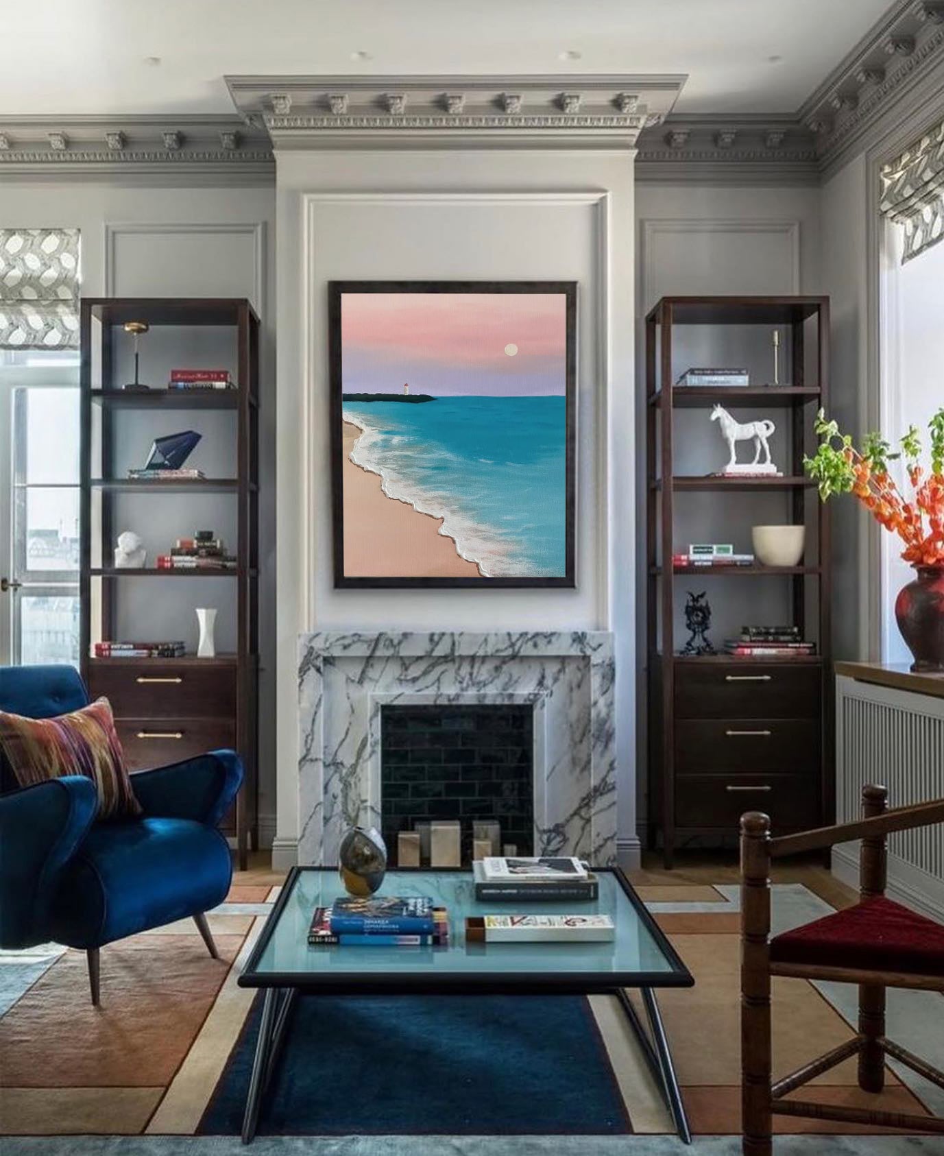 Serene Beach Sunset Oil Painting - Tranquil Ocean Waves and Lighthouse Art