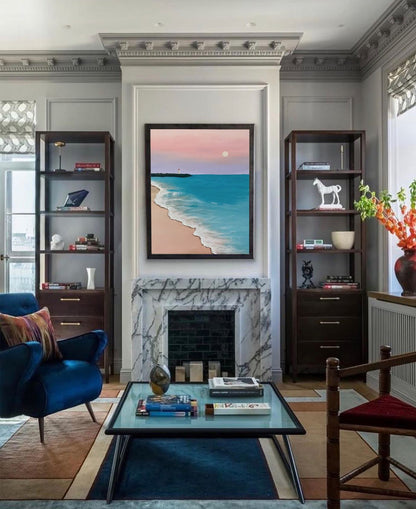 Serene Beach Sunset Oil Painting - Tranquil Ocean Waves and Lighthouse Art