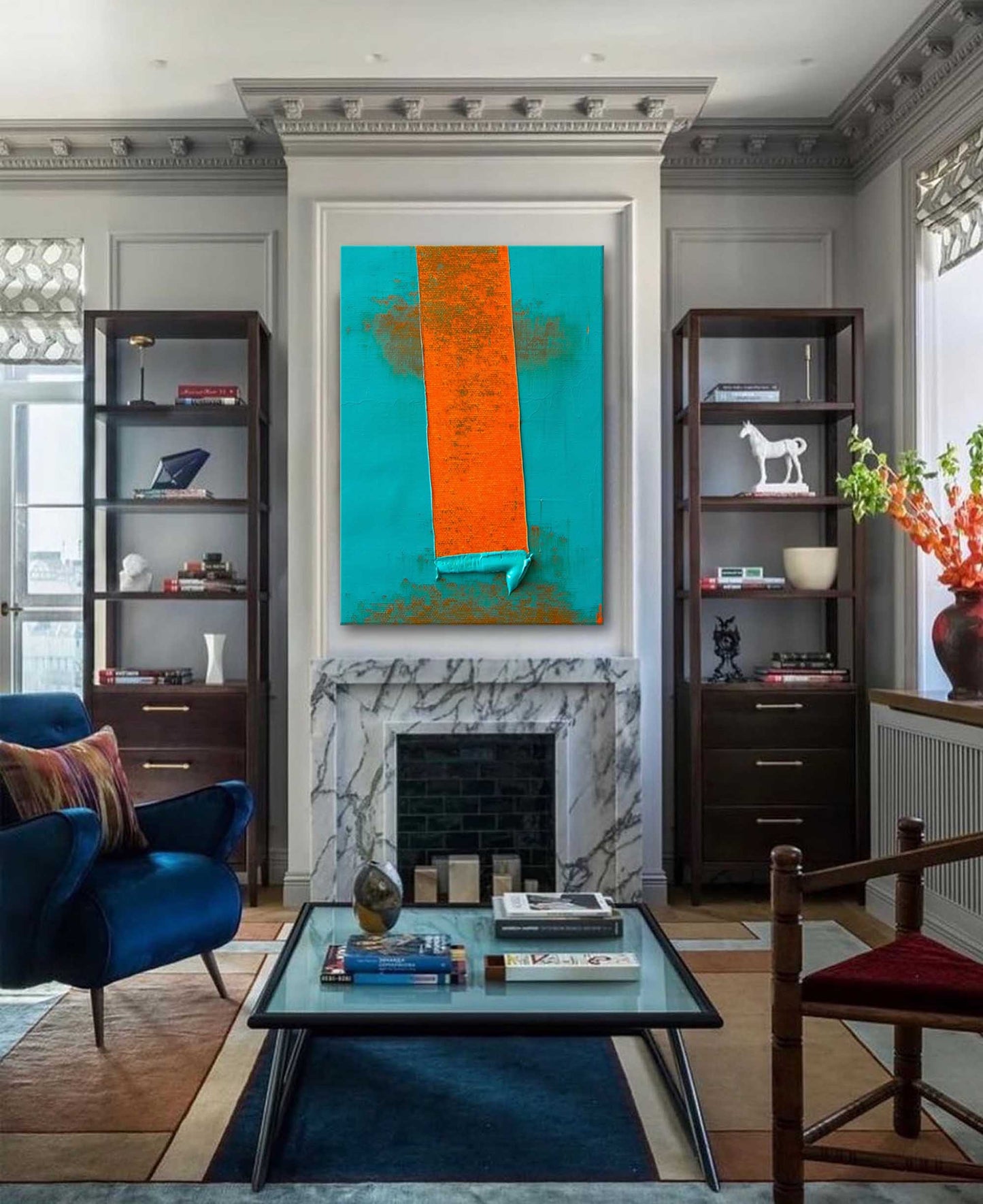 Vibrant Abstract Oil Painting with Bold Orange and Turquoise Palette