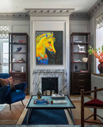 Vibrant Yellow Horse Oil Painting with Colorful Abstract Background