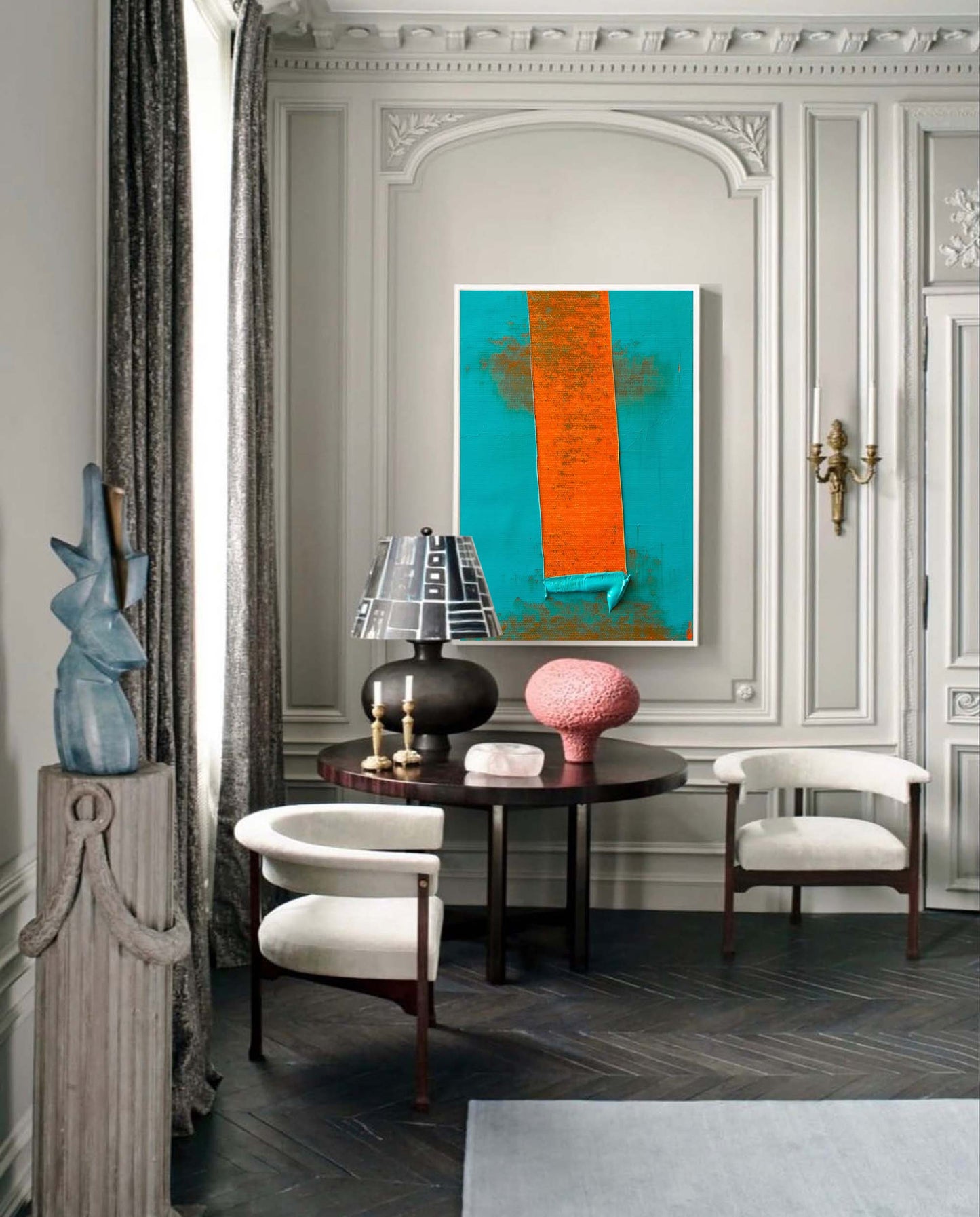 Vibrant Abstract Oil Painting with Bold Orange and Turquoise Palette