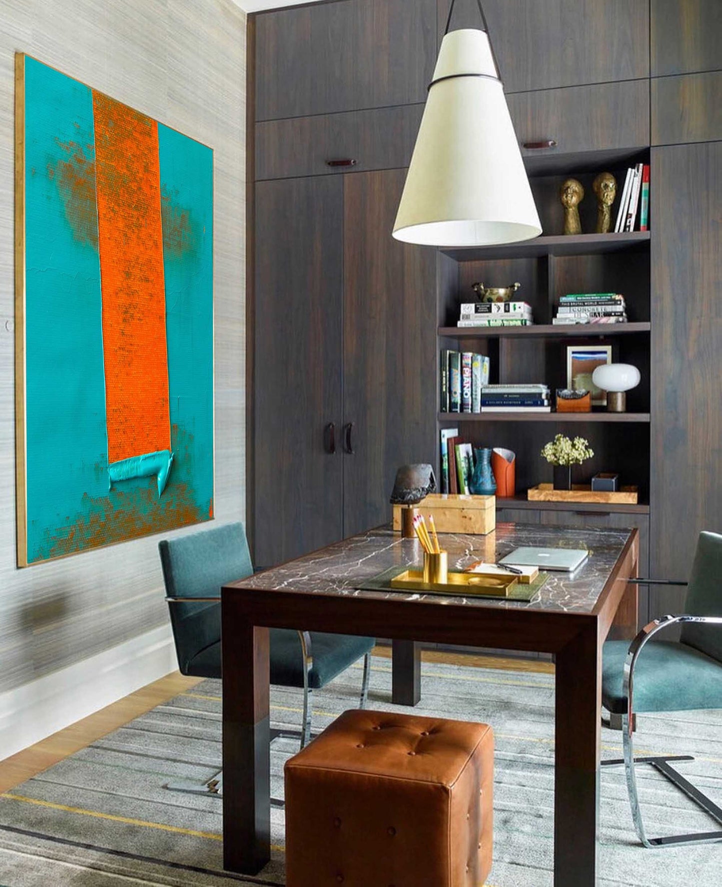 Vibrant Abstract Oil Painting with Bold Orange and Turquoise Palette