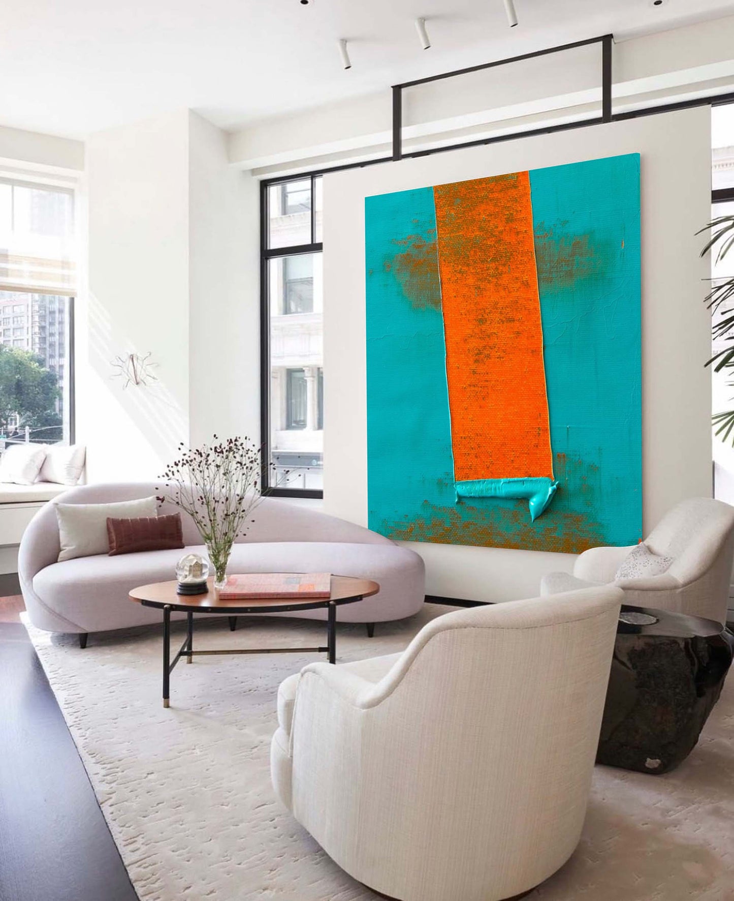 Vibrant Abstract Oil Painting with Bold Orange and Turquoise Palette