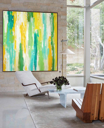 Vibrant Abstract Oil Painting in Yellow and Green for Modern Home Decor