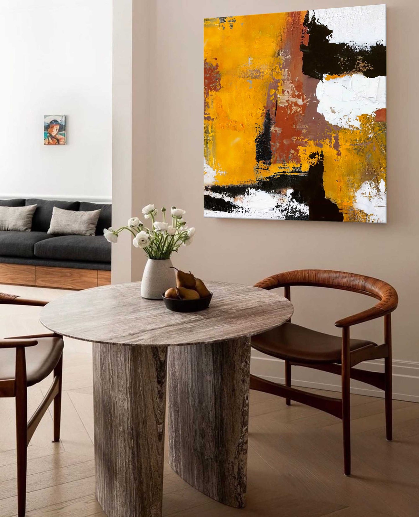 Vibrant Abstract Oil Painting in Yellow and Black for Modern Home Decor