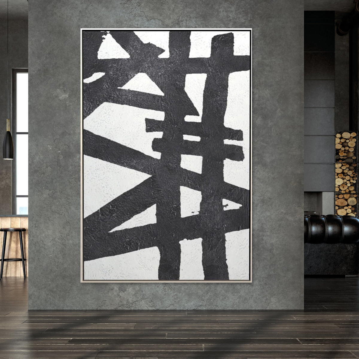 Modern Abstract Black and White Oil Painting for Contemporary Home Décor