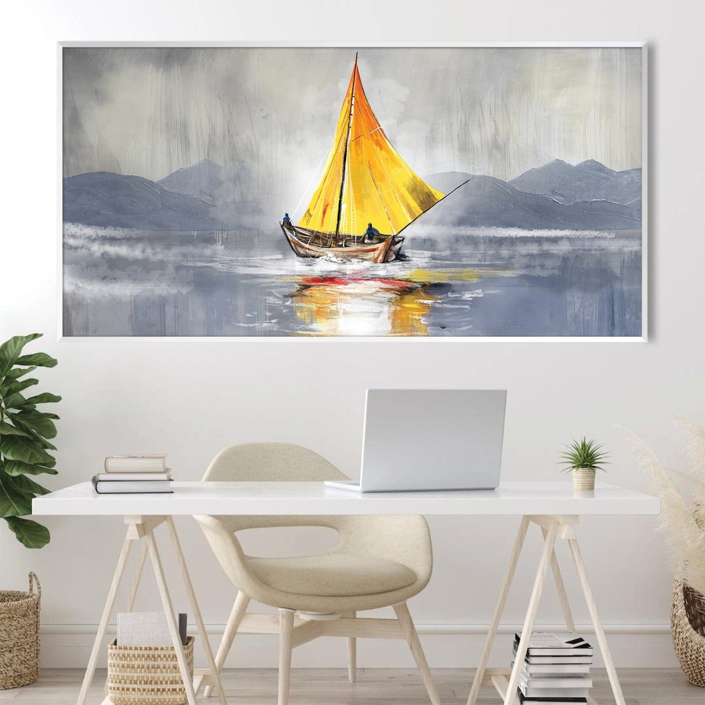 Vibrant Yellow Sailboat Oil Painting on Canvas - Coastal Serenity Artwork