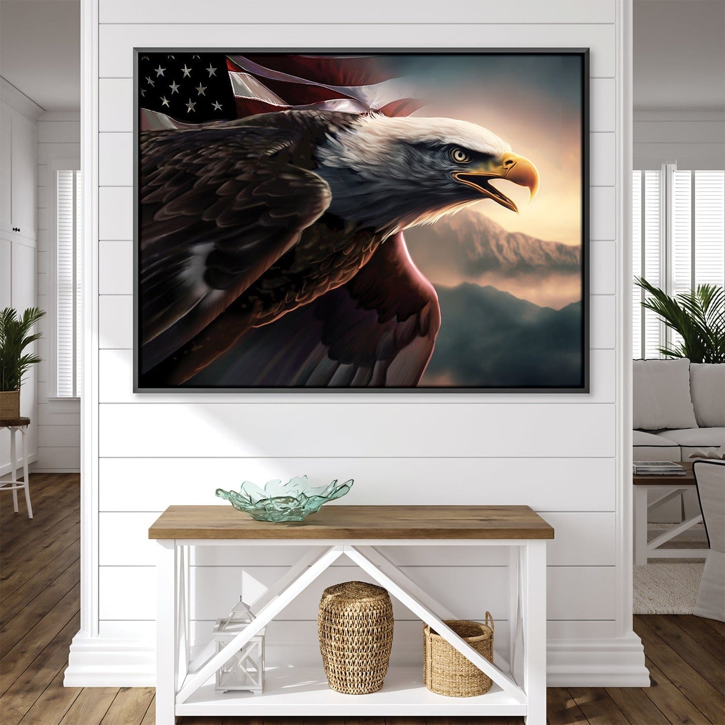 Majestic American Eagle Oil Painting with Flag Backdrop — Home Decor Art