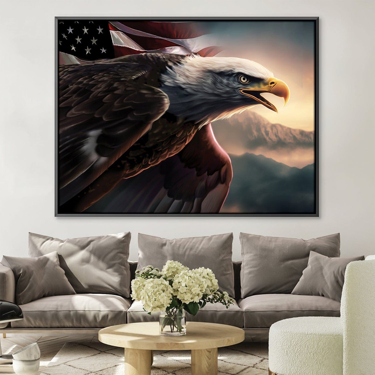 Majestic American Eagle Oil Painting with Flag Backdrop — Home Decor Art