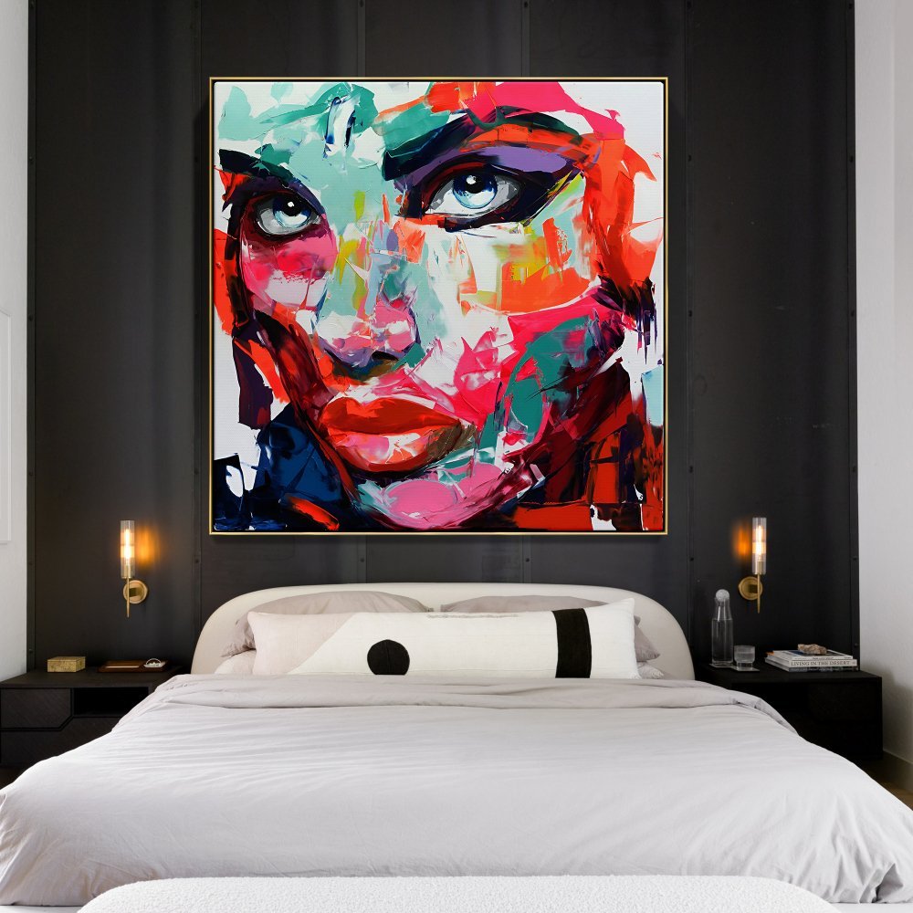 Vibrant Abstract Portrait Oil Painting of a Bold Woman with Striking Eyes