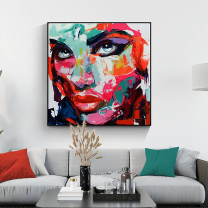 Vibrant Abstract Portrait Oil Painting of a Bold Woman with Striking Eyes