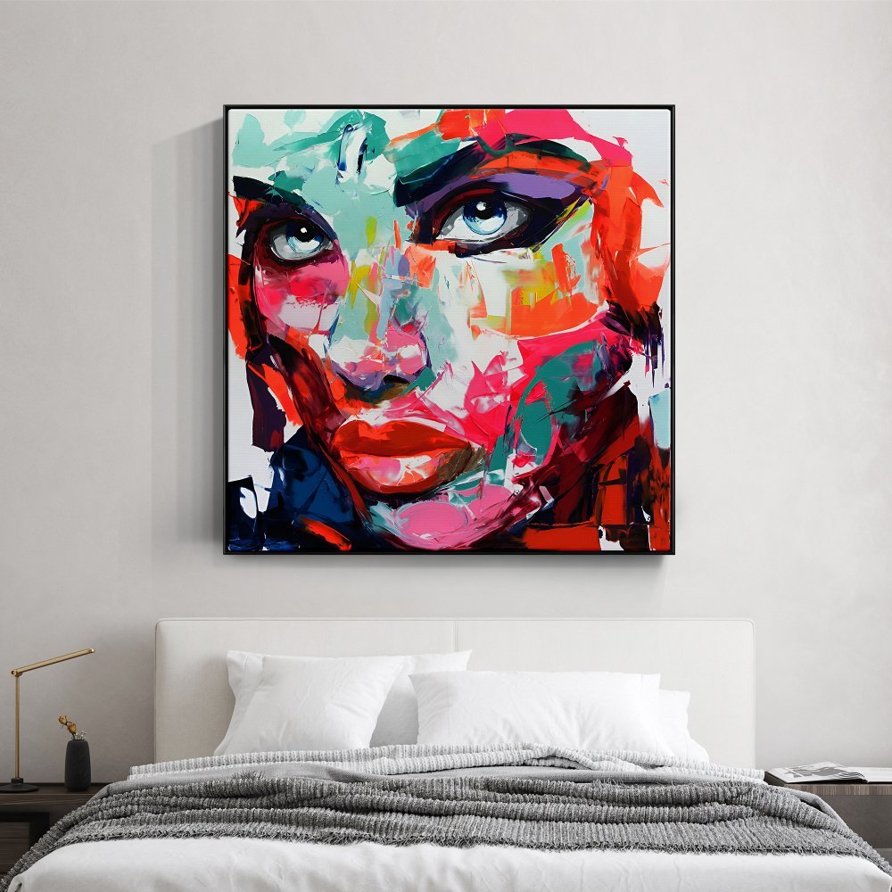 Vibrant Abstract Portrait Oil Painting of a Bold Woman with Striking Eyes