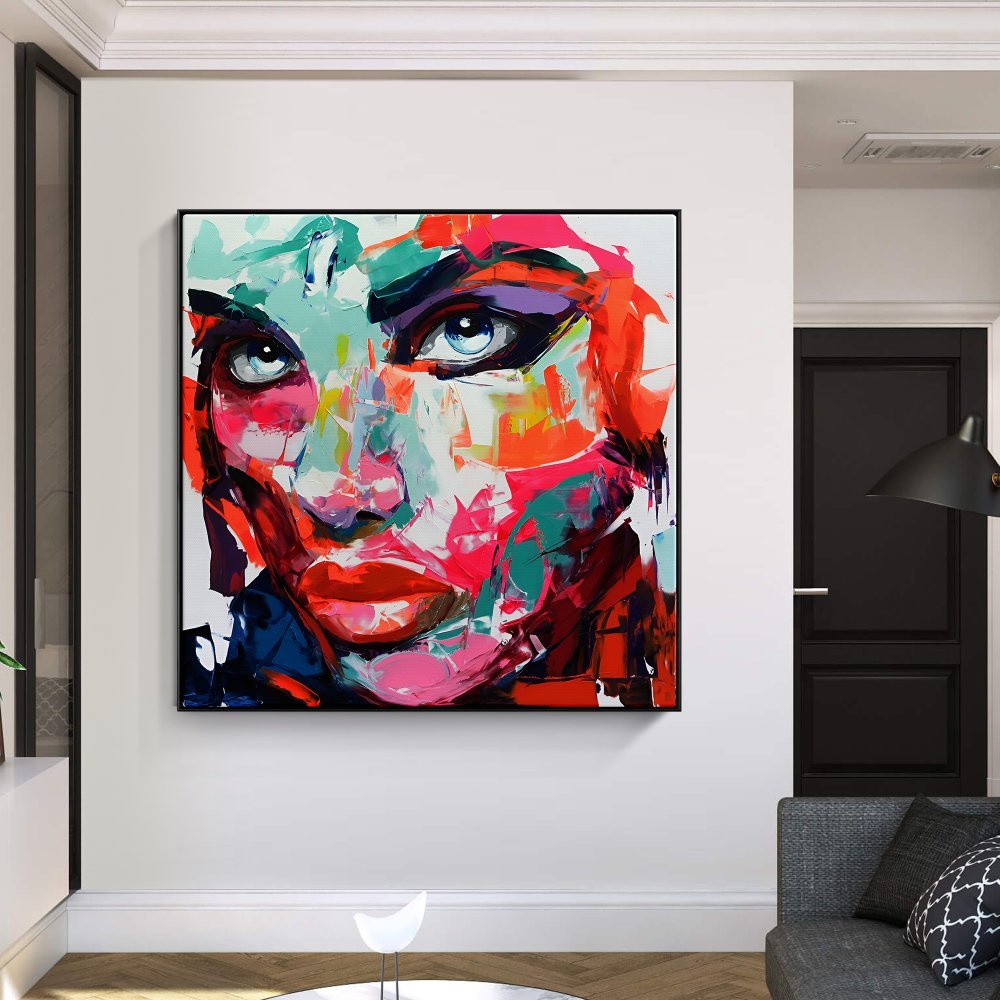 Vibrant Abstract Portrait Oil Painting of a Bold Woman with Striking Eyes