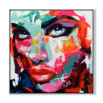 Vibrant Abstract Portrait Oil Painting of a Bold Woman with Striking Eyes