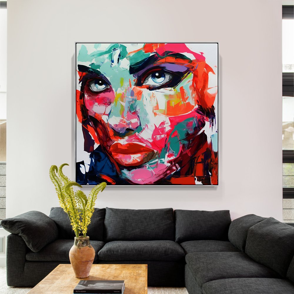 Vibrant Abstract Portrait Oil Painting of a Bold Woman with Striking Eyes