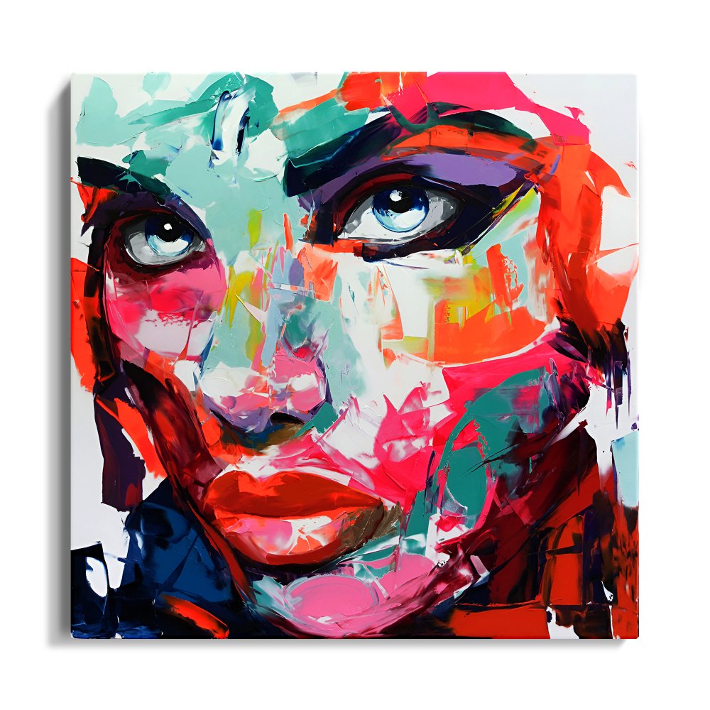 Vibrant Abstract Portrait Oil Painting of a Bold Woman with Striking Eyes