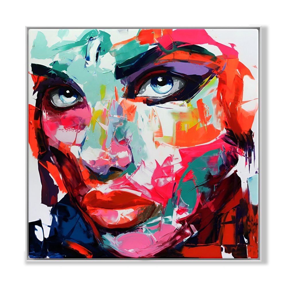 Vibrant Abstract Portrait Oil Painting of a Bold Woman with Striking Eyes