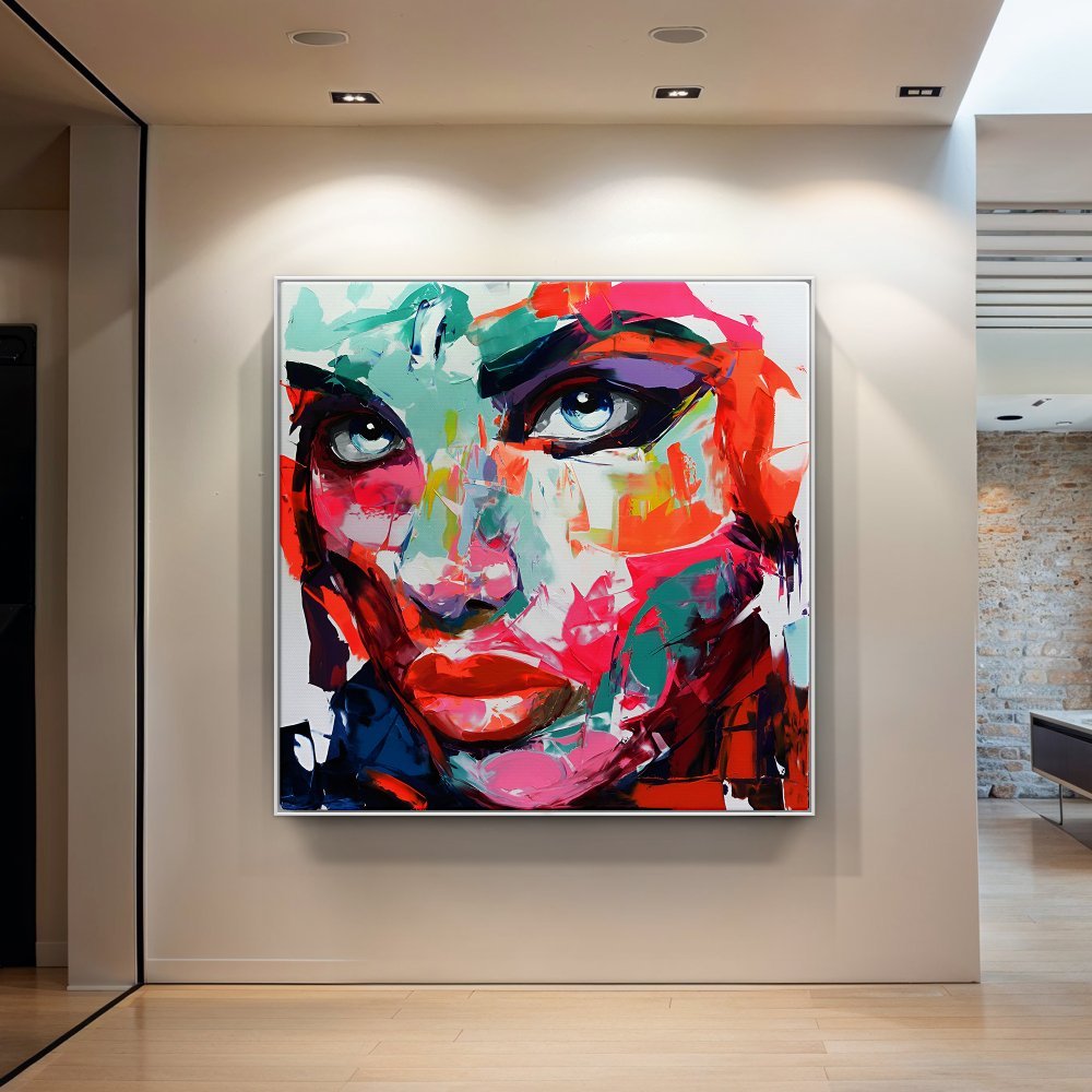 Vibrant Abstract Portrait Oil Painting of a Bold Woman with Striking Eyes