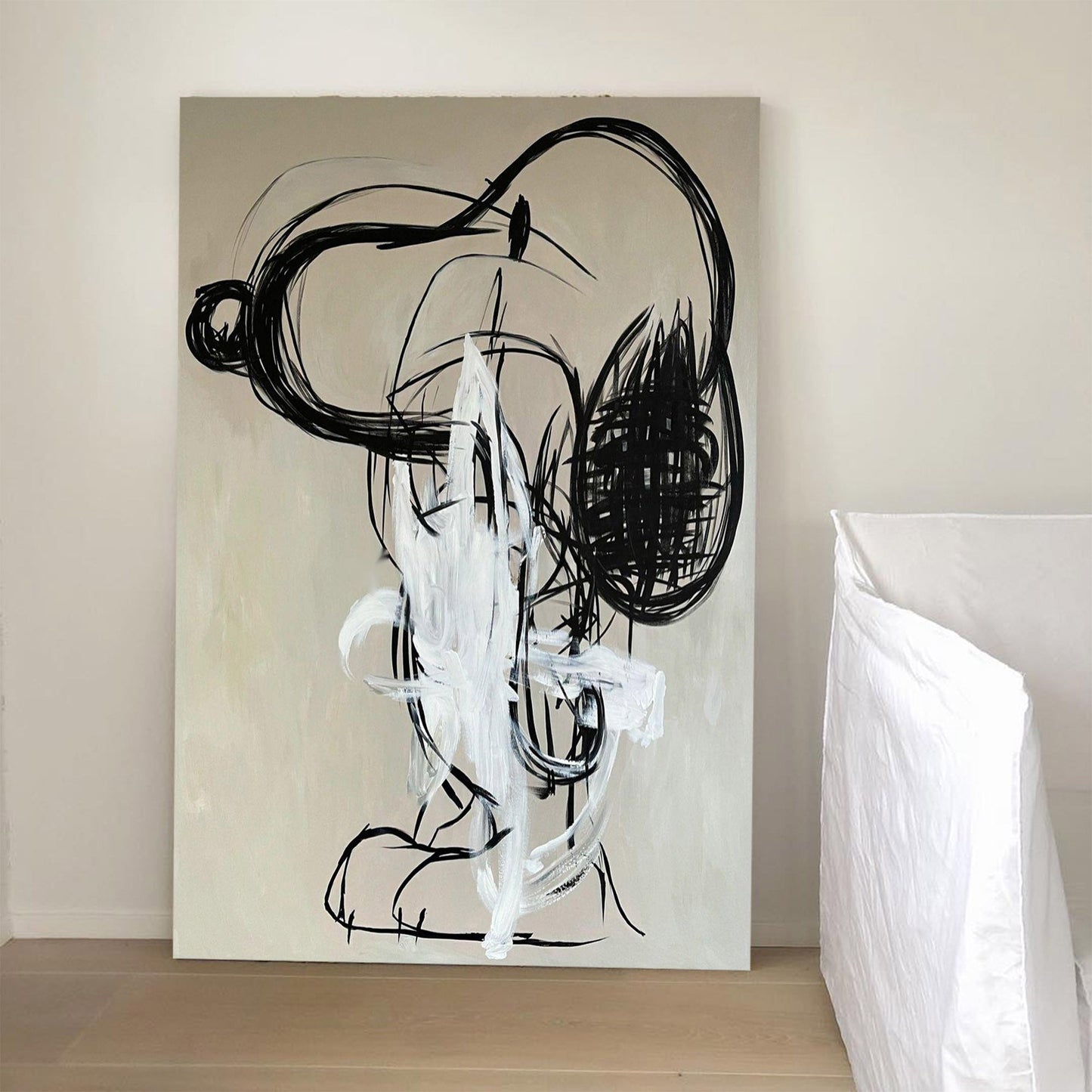 Modern Abstract Oil Painting with Dynamic Black and White Brushstrokes