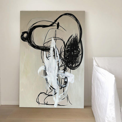 Modern Abstract Oil Painting with Dynamic Black and White Brushstrokes