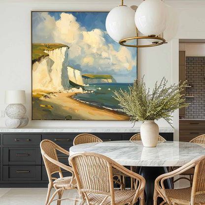 Coastal Serenity: Vibrant Oil Painting of Cliffs and Ocean Waves