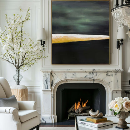 Contemporary Abstract Oil Painting with Green, Black, and Gold Tones for Modern Decor