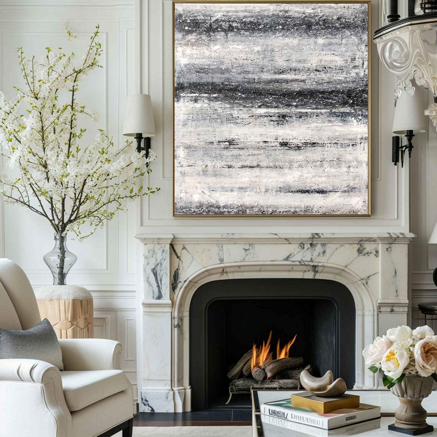 Monochrome Coastal Serenity: Abstract Black and White Beach Oil Painting