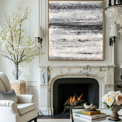Monochrome Coastal Serenity: Abstract Black and White Beach Oil Painting