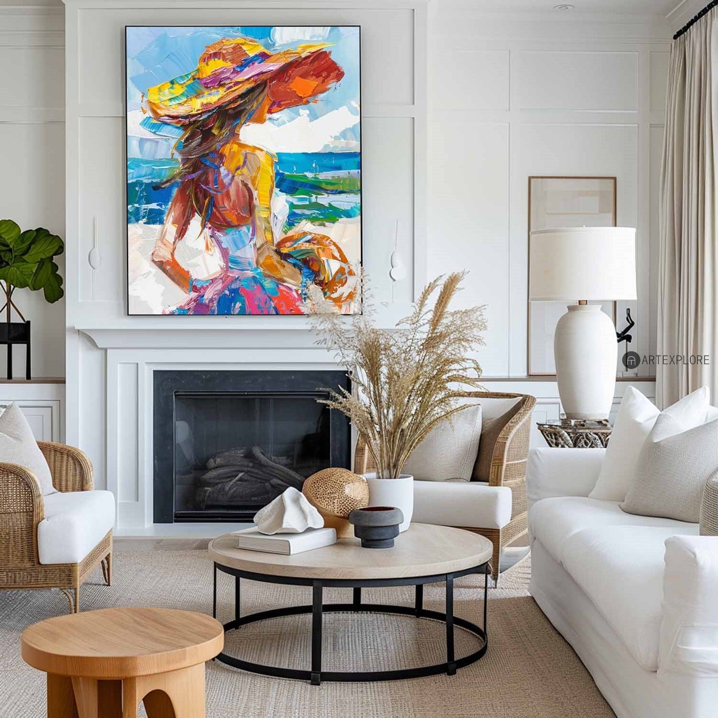 Vibrant Coastal Woman in Hat | Colorful Abstract Oil Painting for Modern Decor