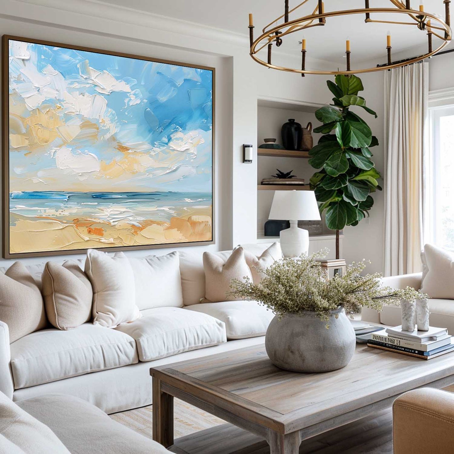 Vibrant Coastal Beach Scene Oil Painting with Lush Skies and Serene Waters