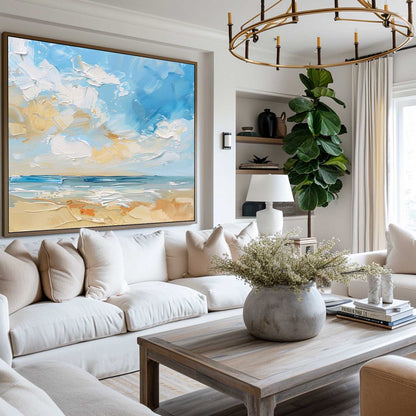 Vibrant Coastal Beach Scene Oil Painting with Lush Skies and Serene Waters