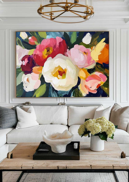 Vibrant Floral Oil Painting: Bold Colors and Modern Abstract Art for Home Decor