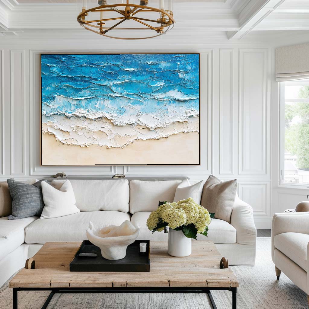 Tranquil Coastal Waves Oil Painting for Beach House Decor